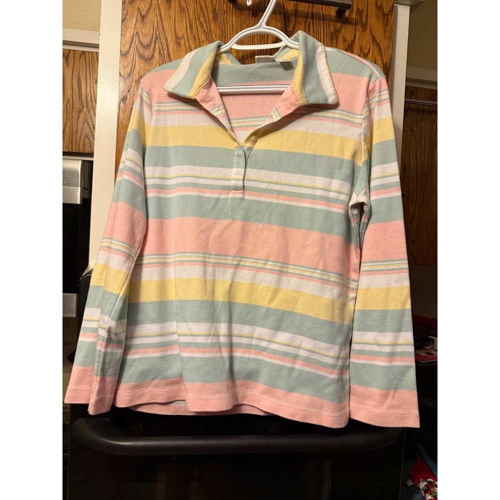 Cato Womens XL Pastel Striped Long Sleeve Polo Shirt Pink Yellow Green Knit Top‎